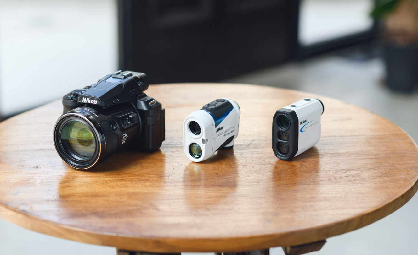 From left to right: COOLPIX P950 camera, COOLSHOT PRO STABILIZED and COOLSHOT 20 GII Laser Rangefinders